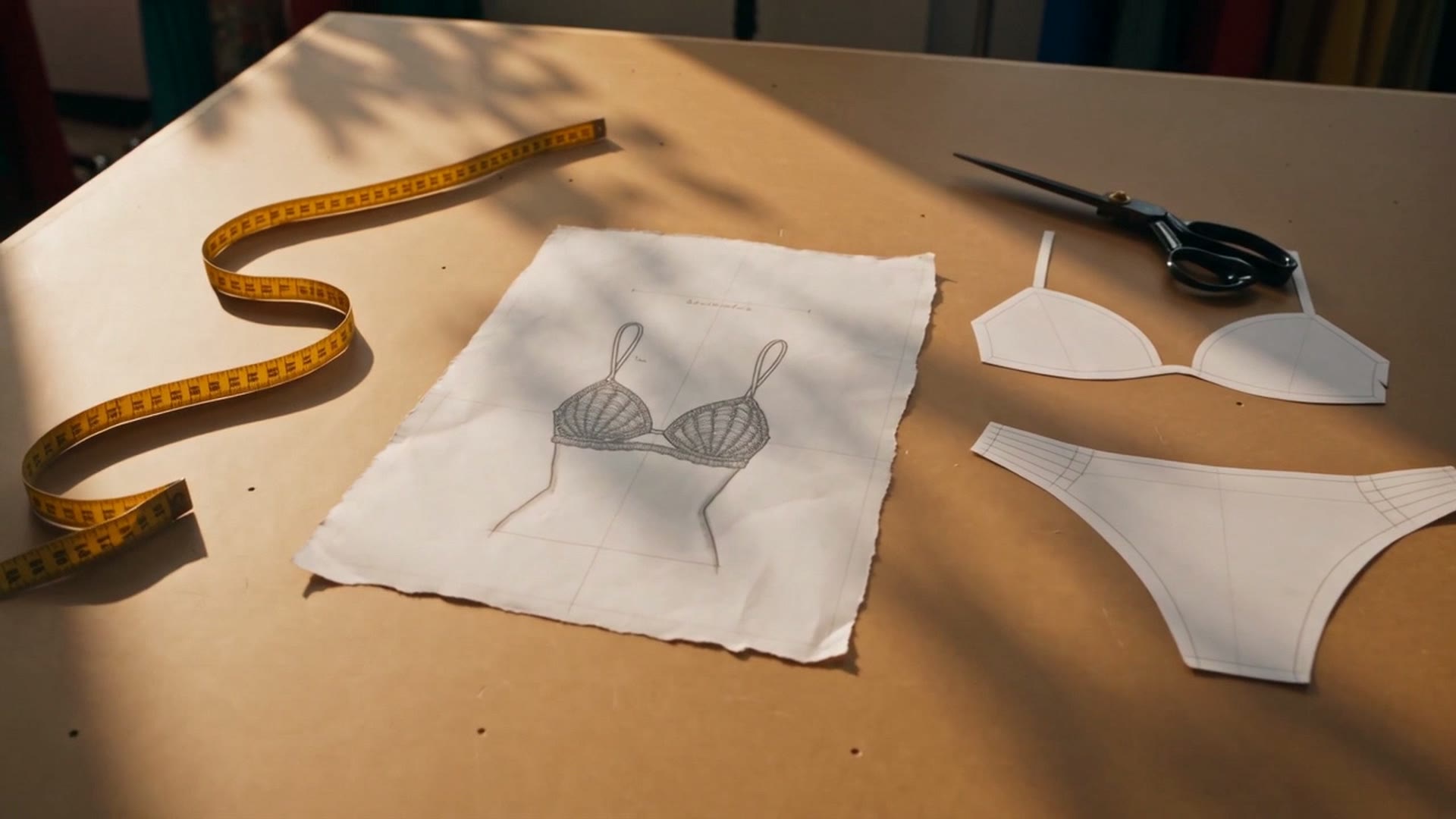 Il disegno di un bikini a conchiglia su un foglio, con il metro da sarta e le forbici sul tavolo
