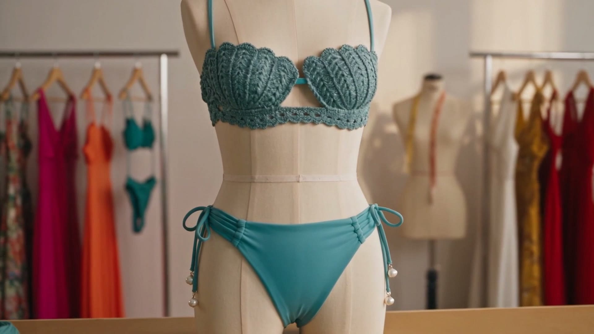 Un bikini turchese all'uncinetto su un manichino da sarta, con gli abiti colorati appesi dietro