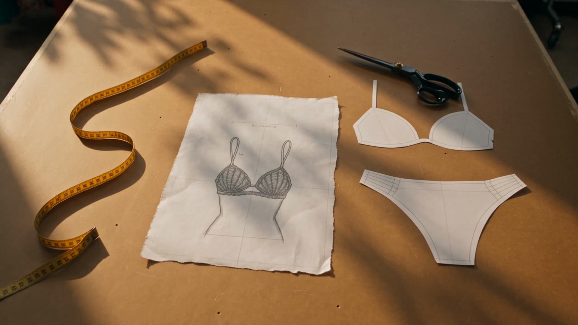 Il disegno di un bikini su un foglio bianco, con il metro da sarta e le forbici sul tavolo da taglio